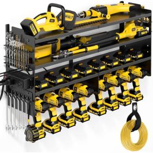 imagePower Tool Organizer Wall Mount with Charging Station 4 Layer Drill Holder Tool Storage 4 Outlet Power Strip Utility Rack with 656ft Cord