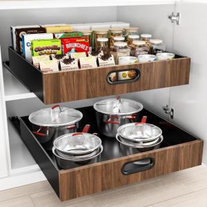 image21quot Deep Pull Out Cabinet Organizer Slide Out Drawers for Cabinets Adhesive with Nano Film Roll Out Shelves for Cabinets in Kitchen Pantry Bathroom or OfficeBlackWood
