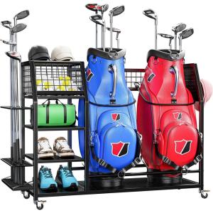 image433W Golf Bag Organizer with Wheels Holds 2 Bags ampamp 27 Clubs Heavy Duty Thick Frame Garage Storage Rack Cart High Load Capacity Golf Accessories Stand Holder Ideal for Garage Club Shed