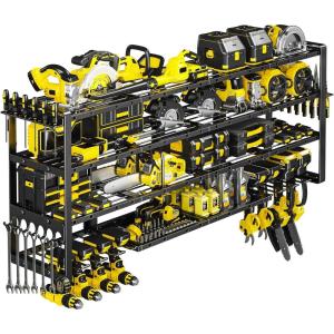 image64W Power Tool Organizer Wall Mount Heavy Duty 8Drill Cordless Drill Holder Supports 800 lbs 4Layer Corner or Straight Assembly Large Tool Battery Storage Rack for Garage Workshop