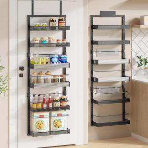 image8Tier Over the Door Pantry Organizer 2 in 1 Large Door Spice Rack with Adjustable Metal Baskets Heavy Duty Hanging or Wall Mounted Storage Organizer for Kitchen Pantry and Room WallBlack