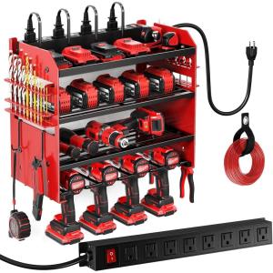 imageLarge Power Tool Organizer Wall Mount with Charging Station4 Layer Heavy Duty Metal Tool Storage Rack Loads 600lbs with 8 Cordless Drill HolderBattery Utility Rack Loads with 4 Power StripRed