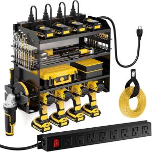 imageLarge Power Tool Organizer Wall Mount with Charging Station4 Layer Heavy Duty Metal Tool Storage Rack Loads 600lbs with 8 Cordless Drill HolderBattery Utility Rack Loads with 4 Power StripBlack