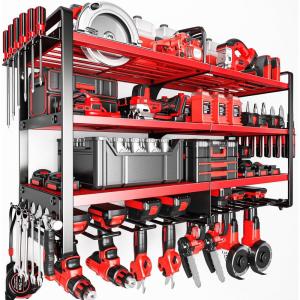 imageLarge Power Tool Organizer Wall Mount4 Layers Heavy Duty Metal Loads 400lbsPower Tool Shelf Battery Storage with 8 Cordless Drill HolderUtility Racks for Garage WorkshopRed