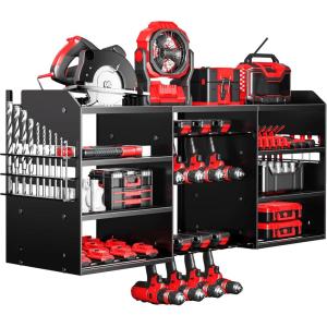 imageUpgrade Large Power Tool Organizer Wall Mount Cordless Tool Storage Rack with 8 Drill Holder 4 Layer Heavy Duty Metal Loads 400lbs Battery Utility Shelve for Garage and Workbench