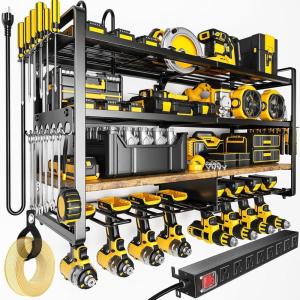 imageLarge Power Tool Organizer with Charging Station 4Layer Heavy Duty Utility Rack Loads 800lbs Holds 8 Cordless Drills 49quot W Wall Mount Tool Shelf with 8Outlet Power Strip Gift for Men8 Slots 4 Layers