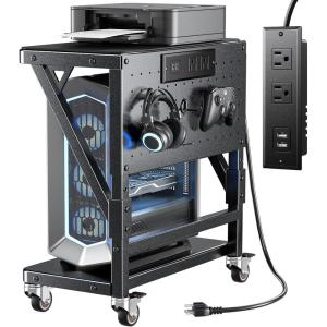 imageComputer Tower Stand with Charge Station and USB PortPc CPU Holder Cart for Floor Carpet with WheelsHeavy Duty MetalAdjustable HeightRolling Pc Printer Desktop Under Desk for Home Office