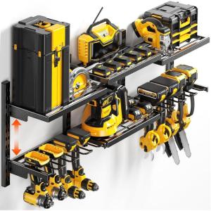 imagePower Tool Organizer Wall Mount with 6 Adjustable Shelves Modular Heavy Duty Tool Storage Rack Loads 300lbs with 8 Cordless Drill Holder 3 in 1 Utility Racks for Garage Workshop