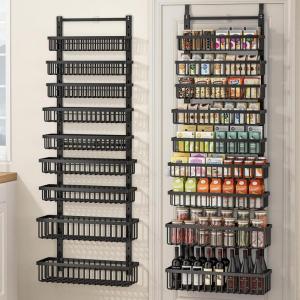 image9 Tier Over The Door Pantry Organizer 2 in 1 Wall Mount or Hanging Spice Rack with Adjustable Basket Seasoning Organizer and Storage for Kitchen Cabinet Closet BathroomBlack